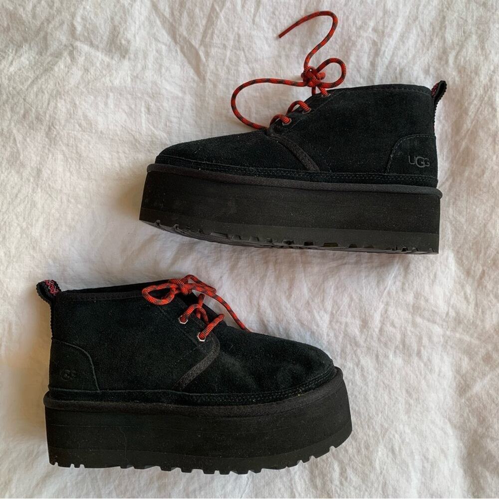 UGG Black Suede Platform Ankle Boots with Red Laces